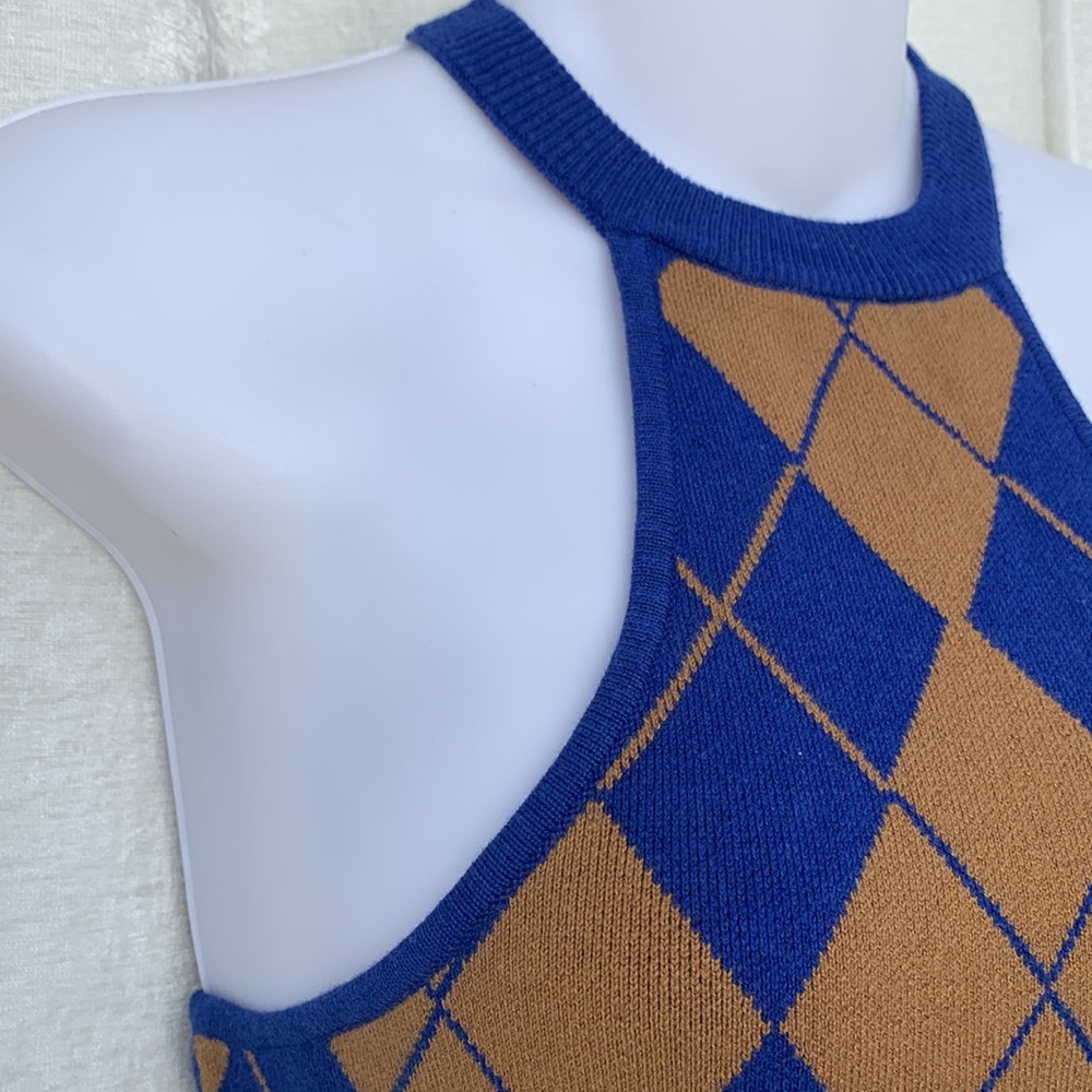 Urban Outfitters Argyle Halter RacerBack Sweater Dress Blue Mustard Yellow - Picture 6 of 12